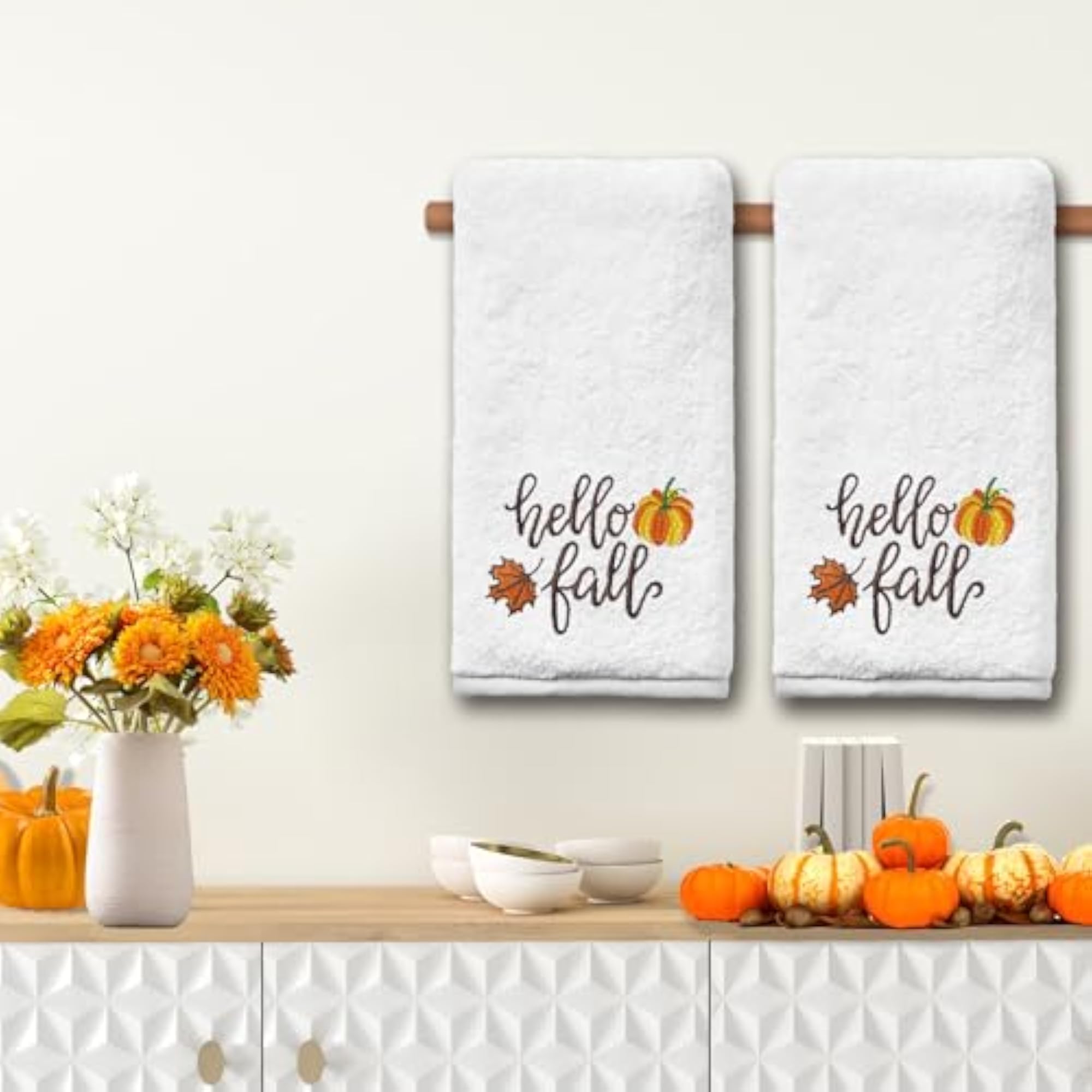 Fall Hand Towels Set of 2, Embroidered Pumpkin Pattern