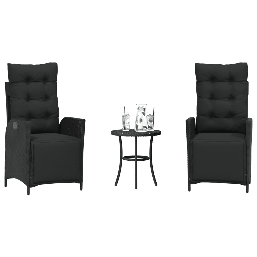 Chaise de jardin dossier réglable et table en polyrotin avec coussins d'assise amovibles