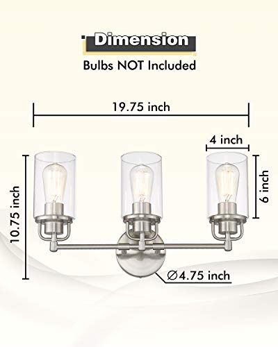 FEMILA Wall Vanity Light Fixture, 3-Light Vintage Bathroom Lighting Over Mirror, Brushed Nickel Finish with Clear Glass Shade, 4FH06-3W BN