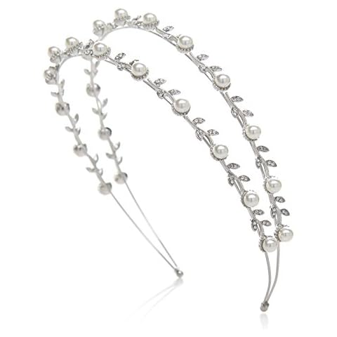 SWEETV Pearl Wedding Headband Silver-Double Band Bridal Headpieces Crystal Tiara Women Hair Accessories for Women Cover