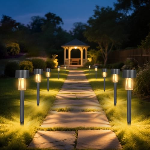 Solar Lights Outdoor Garden Waterproof, 12 Pack LED Solar Stake Lights for Pathway Patio Lawn Yard Landscape Decor, Warm White