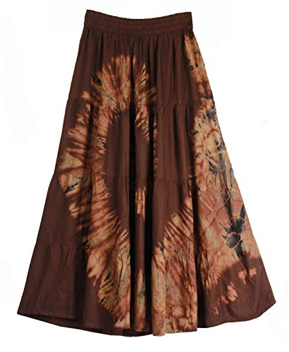 Maxi Tiered Long Skirt Bohemian Elastic Waist Tie Dye Handmade Plus Size (Dark Brown)