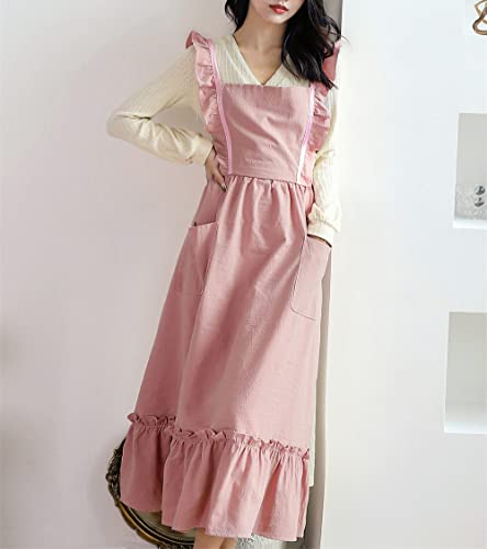Girls Women Pleated Cotton X Back Long Aprons Home Kitchen Garden Art Pinafore Florist Shop Overalls (Pink, 35Wx 42L) #TOP1