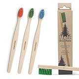WALDKRAFT Blackforest Lot de 3 brosses à dents en bois de hêtre certifié FSC 100 % bois de hêtre avec garniture en nylon bio (3 pièces, pour enfants, vert/orange/bleu