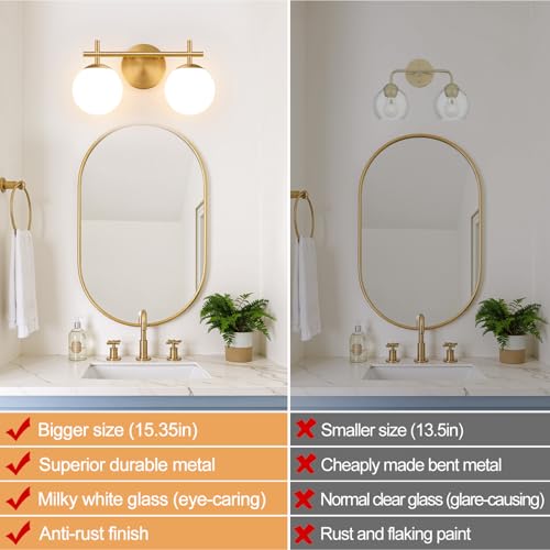 Image of MOKATNG 2-Light Bathroom Light Fixtures, Brushed Gold Vanity Lights for Bathroom with Milky White Glass Shade, Bathroom Lighting Fixtures Over Mirror, Wall Sconce for Bedroom (Bulb Not Included)