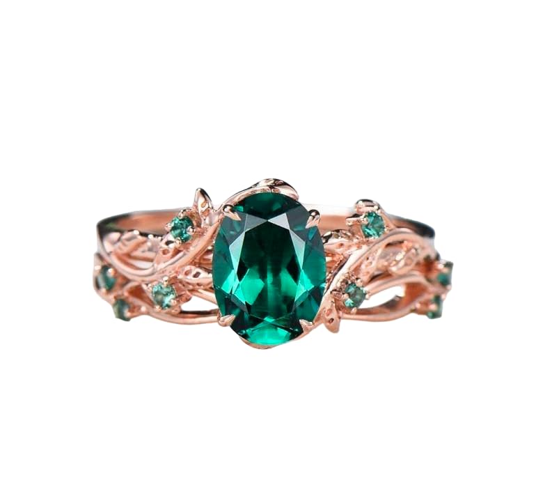 Generic Nature Inspired Leaf emerald wedding ring set unique twig oval cut emerald engagement ring Art deco rose gold Branch anniversary ring