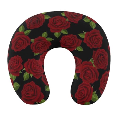 Image of Memory Foam Travel Pillow Red Rose Floral, Breathable Chin Head Support, Washable Zip Cover for Airplane Car Office Pain Relief