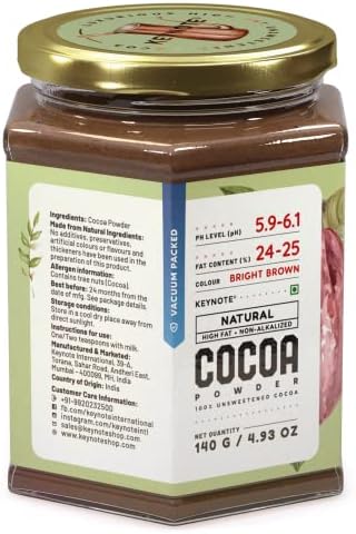 Keynote Cocoa Powder | Without Sugar | Raw Flavonoid Rich Non-Alkalized Non-Dutched Natural Unsweetened Cacao | Bean to Powder | Glass Jar 140 grams