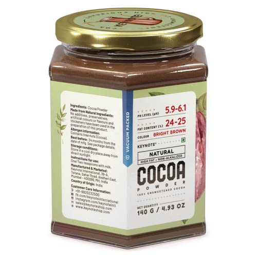 Keynote Cocoa Powder | Raw Flavonoid Rich Non-Alkalized Non-Dutched Natural Unsweetened Cacao | Bean to Powder | Vacuum Packed Glass Jar 140 grams