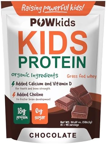 Kids Protein Shake Powder 18g – Zero Sugar, Organic Ingredients, Grass-Fed Whey Proteins – Calcium & Choline for Bone Strength & Brain Development, Protein Shake, 15-45 Servings – Chocolate