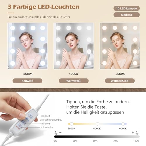 TUKAILAI Schminktisch mit LED Beleuchtung und Hocker, Frisiertisch mit Spiegel LED, 4 Schubladen 6 Offenen...