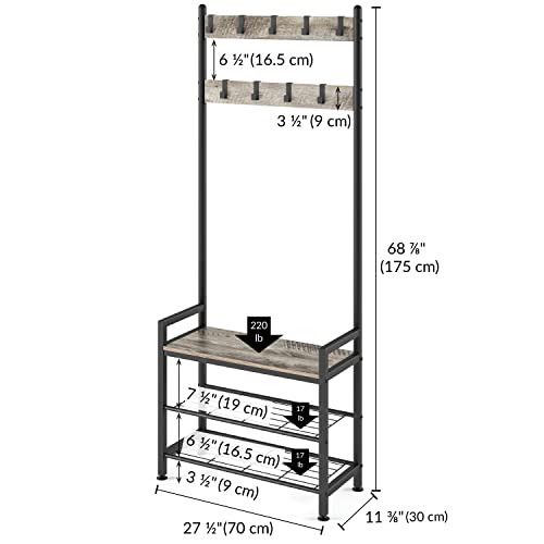 Ballucci Coat Stand, Shoe Rack Bench With 9 Adjustable Metal Hooks, Entryway Hall Tree Storage Shelf Organizer, Wood With Black Steel Frame - Rustic Gray #TOP4