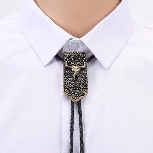 Image of Joxevyia Bolo Tie for Men Vintage Cow Skull Leather Rope Western Cowboy Necktie Vintage Bola Tie Gift for Him