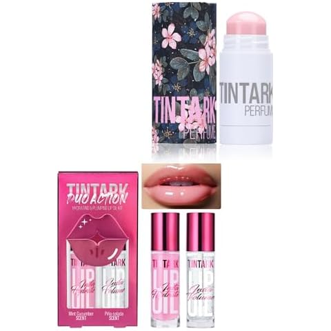Tintark MIDNIGHT BLOSSOM Solid Perfume Inspired by YSL's Black Opium Perfume & Lip Plumper Gloss set Piña Colada Mint&Cucumber Plumping Lip gloss Cover
