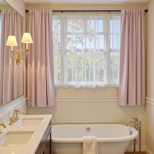 Image of Dusty Pink Velvet Curtains Romantic Rod Pocket 52x72 Inch 2 Panels | Soft Velvet, Light Filtering, For Small Windows, Kitchens & Bathrooms, Light Shifting Texture, Elegant Drape, Soft Luxury