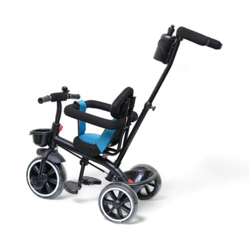 Image of MEKASHI Kids Tricycle for 1-6 Years with Parent Push Handle, EVA Wheels, Safety Guard, Front & Rear Storage Basket, Footrest, Bottle Holder, Blue