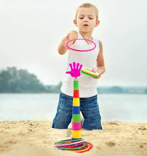 Image of VGRASSP Ring Toss Game Toy for Kids - Mini Quoits Ring Throwing, Stacking Indoor and Outdoor Game Set - 8 Cups with Spring Hand Figure, 8 Multicolor Rings, 1 Base - Color As Per Stock