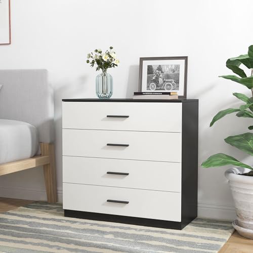 Urbnliving Commode en bois 4 ou 5 tiroirs pour chambre, Structure noire + tiroirs blancs., 4 Drawers