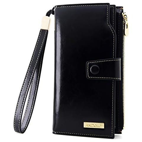 ANDOILT Women's RFID Blocking Large Capacity Luxury Wax Genuine Leather Clutch Wallet Card Holder Organizer Ladies Purse Cell Phone Handbag Black Cover