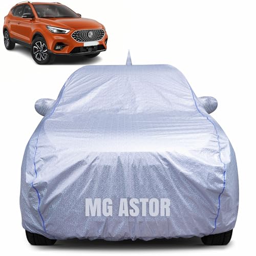 Image of 100% Waterproof Car Body Cover for MG Astor Year - (2025) with Mirror Pocket, Heat & UV Resistant, Triple Stitched, Soft Lining, Bottom Elastic & Piping (Silver Reflective)
