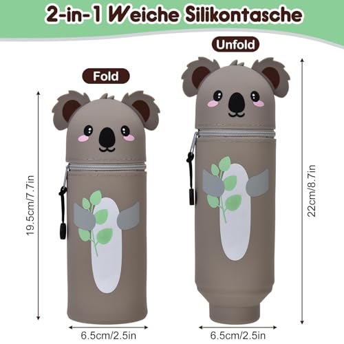 LVZONGXIN Kawaii Federmäppchen, 2-in-1 Weiche Silikontasche - Tischstifthalter, Reißverschluss, Silikon, Stiftetasche Buntstifte Marker, H 18,5 cm (Koala)