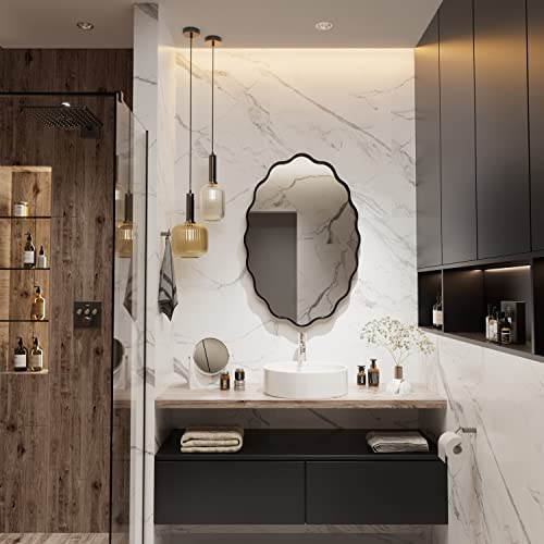 Yamazakura Irregular Mirror 24X36,Matte Black Bathroom Mirror With Wavy Frame Black Metal Framed Bathroom Mirror For Wall(Horizontal/Vertical) #TOP4
