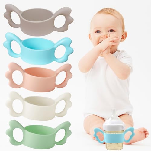Babyflaschen Griffe, Flaschengriff Halter, Baby Flaschengriffe Silikon, Weithals Babyflaschengriffe, für Baby Kleinhand Greifdesign, für Außendurchmesser Über 6cm Flasche, 5 Stück