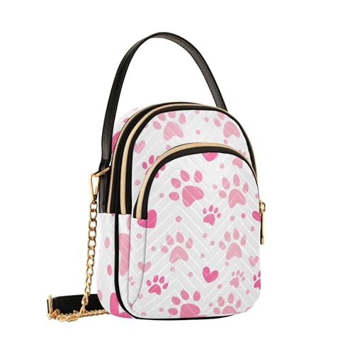 Single Shoulder Handbag Women Flower Chain Strap Phone Wallet Handbag Quilted Crossbody Clutch Zipper Tote Light Pink Paw Prints Hearts White2