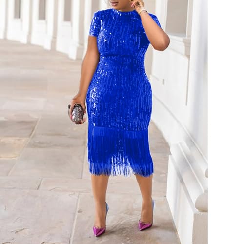 Image of Cololura Sexy Elegant Women Sequin Long Sleeve Tassel Bodycon Midi Dress Party Evening Gown Formal Dress