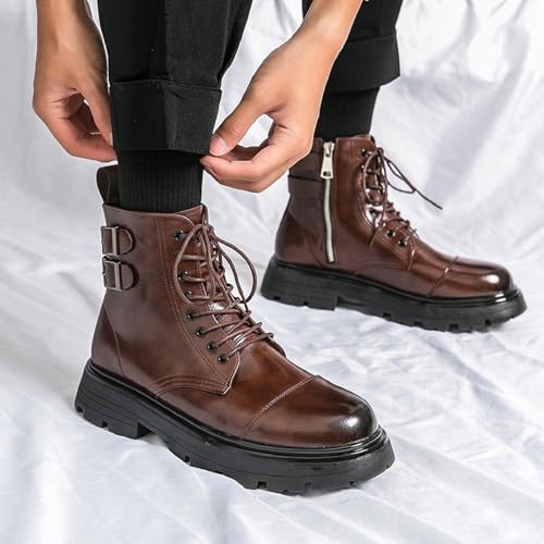 Men's Leather Lace-Up Platform Zipper Combat Botas Fashion Round Head Buckle Strap Lug Bottom Waterproof Chukka Booties Comfort Non-Slip High Top Casual Motorcycle Ankle Boots3