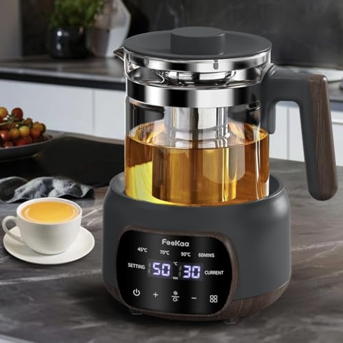 Feekaa Electric Kettle Glass Kettle Tea Kettle with 1 Temperature Control 1.3L Capacity 72H Keep Warm Removable Infuser 37~95 Adjustable Water Kettle for Tea/Coffee/Milk Powder/Soup Black