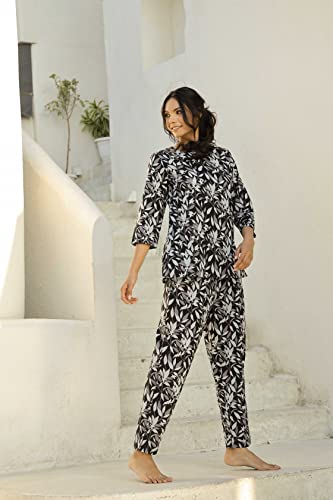 Image of SANSKRUTIHOMES Women's Premium 100% Cotton Printed Co-Ord Set | Short Sleeve Shirt & Pant Set | Pink Checkered Sun & Palm Tree Print | Casual Summer Resortwear, Vacation Wear & Comfortable Loungewear