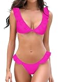 SHEKINI Volants Maillot de Bain Femme 2 Pieces Sexy Bikini Femme 2 Pieces Encolure Basse Haut de Bikini Bas de Bikini Taille Basse(S, Rose Fluo)