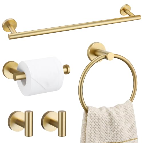 TURS Brushed Gold 5 Piece Bathroom Hardware Set, SUS304 Stainless Steel 24 Inch Bath Towel Bar Set...