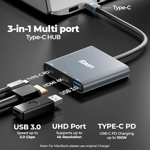 Image of Foxin 3-in-1 Type-C to HDMI Adapter, Multiport USB-C Hub with 4K @ 30Hz HDMI, USB 3.0 @ 5Gbps, 100W PD Charging, Metal Body, Built-in Type-C Cable for MacBook, Laptops & Type-C Devices - C HUB 3