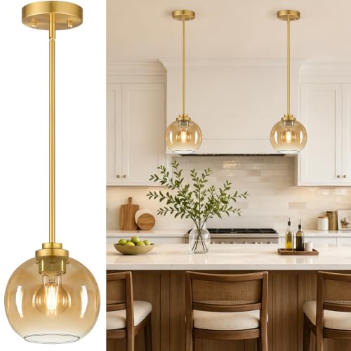 MQMQA 2 Pack Gold Globe Pendant Lights, Mid Century Gold Pendant Light Fixtures, Amber Glass Pendant Lights Kitchen Island Adjustable Hanging Fixture for Dining Room (Bulbs not Included)