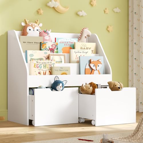 Image of Kids Bookshelf - 4 Tier Small Bookcase for Kids Room, Toy Storage for Children with 2 Movable Drawers, Hidden Wheels, Toddler Book Display Shelves for Classrooms, Nursery, Playroom and Bedroom, White