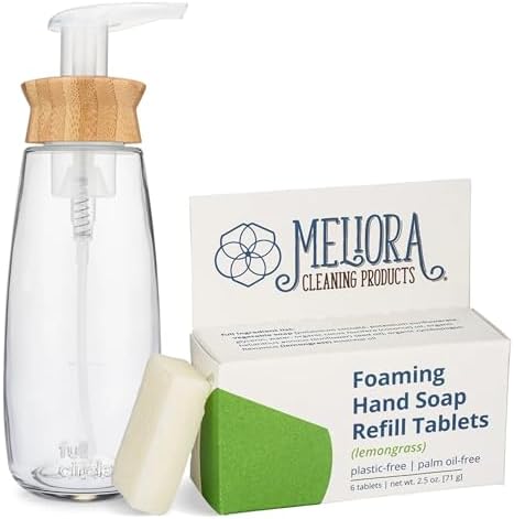 MightyNest Full Circle Refillable Glass Hand Soap Dispenser | 6 Count Meliora Cleaning Products Lemongrass Foaming Soap Refill Tablets Set | Eco-Friendly, Refillable Cleaning Bundle