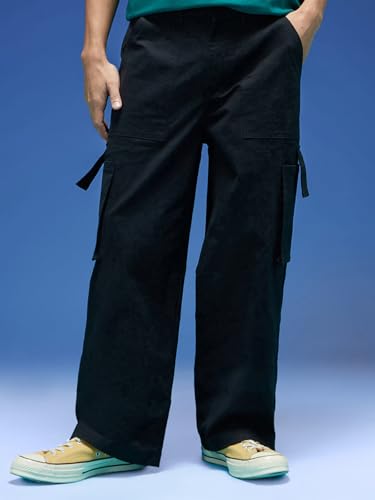 Image of Veirdo Baggy Fit with Button Closure Solid Lycra Woven Cargo Pants for Men (Colors: Beige, Black, Brown, Grey, Navy & Olive)