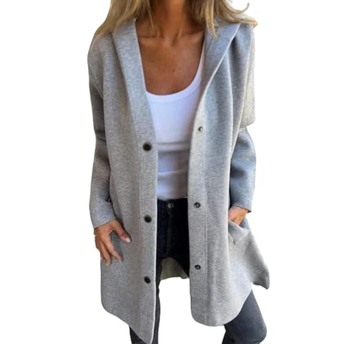Women's Single-Breasted Hooded Coat, Casual Jacket, Light Lapel Long-Sleeved Trench Coat with Pockets