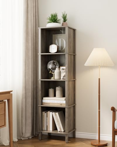Apetaccat Bookshelf, Modern 4-Tier Bookcase, Open Storage Book Shelf, 11 × 14.2 × 50.4 Inches, Small Narrow Bookshelves for Living Room, Home Office, Bedroom, Gray