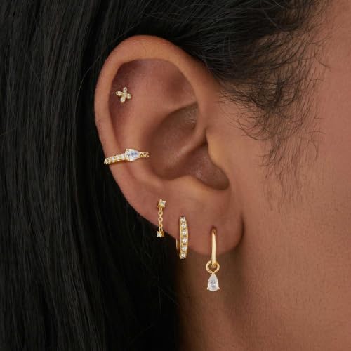 Image of Gold Earrings for Women, 14k Gold Plated Dangle Huggie Earrings for Women Trendy Dainty Gold Hoop Earring Stacks Hypoallergenic Pearl Chain Drop Cartilage Earring Fashion Womens Jewelry