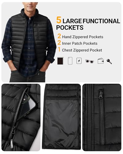 Outdoor Ventures Herren Packbare Steppweste Outdoor Übergangswesten Gefütterte Hybrid Sportwesten für Männer Laufen Golf Wandern Reiten Schwarz L