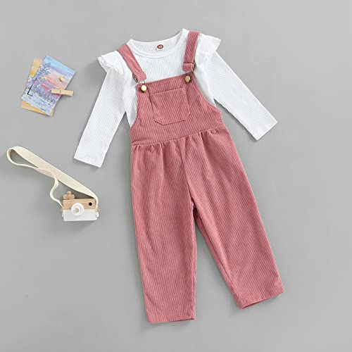 Brilliantme Toddler Baby Girl Fall Clothes 2Pcs Outfit Kids Ruffle Long Sleeve Ribbed Tops T-Shirt Suspender Pockets Pants Overalls (Pink, 1-2 Years) #TOP1