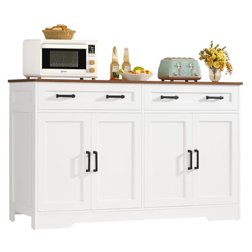 TEENFON Credenza Cucina 140cm, Mobile Cucina Salvaspazio con 2 Cassetti e 4 Ante, Buffet per Sala da Pranzo, Mobile Soggiorno con Ripiano Regolabile, Bianco 140x40x80 cm