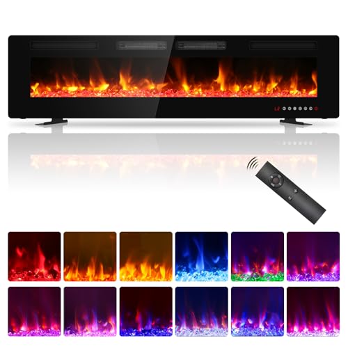 72 inch Ultra Thin Electric Fireplace, Freestanding, Recessed or Wall Mounted, 1500W Energy Efficient Heater with Realistic 3D Crystal Flame Effect, Remote Control & Touch Panel, 750W/1500W, UKCA/CE