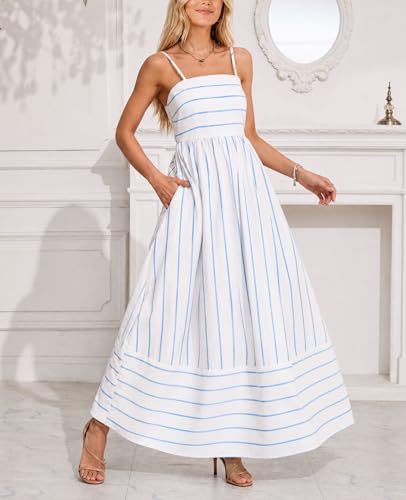 Image of chouyatou Women's Striped Back Smocked Maxi Dress Sexy Spaghetti Strap Cut Out Flowy Swing Long Dress