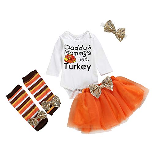 Image of Xfglck Newborn Baby Girl My 1st Thanksgiving Skirt Outfit Letter Print Romper Tutu Skirt Headband Infant Turkey Set