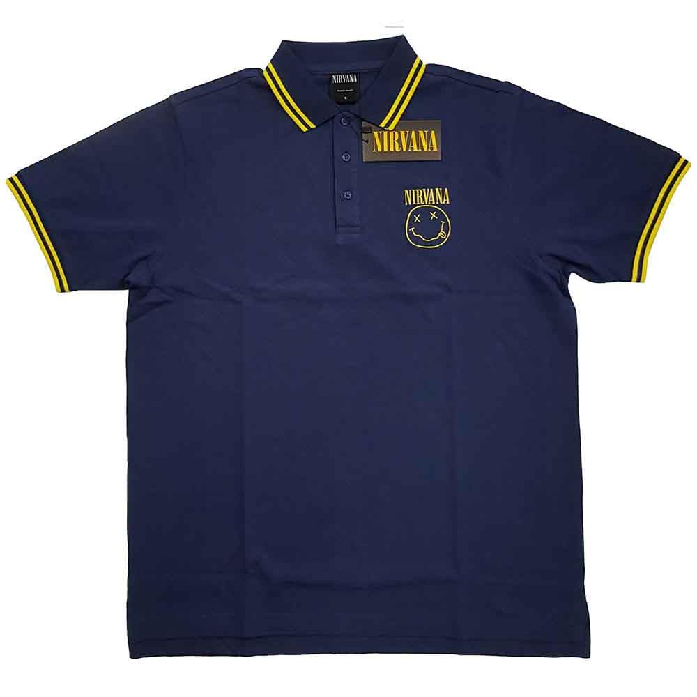Nirvana Polo T Shirt Smile Face Band Logo Official Mens Navy Blue L