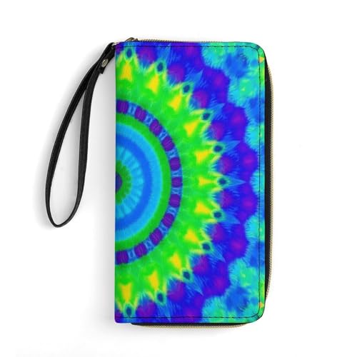 Women's Clutch Wallet with ID Pockets, High Capacity Leather, Perfect for Travel, Indian Spiral Tie Dye Mandala Green